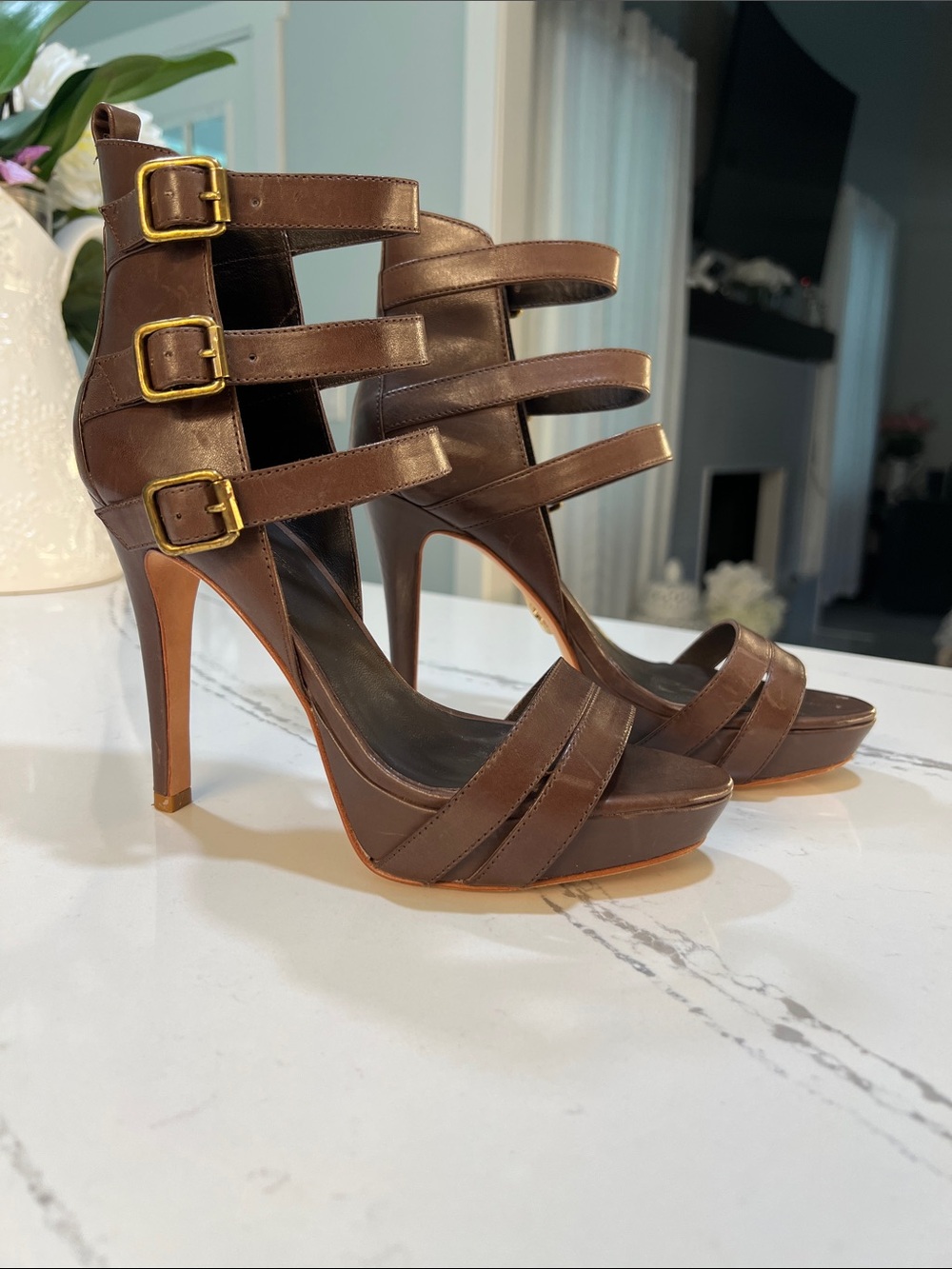 Pour La Victoire Brown Strappy Platform Stiletto Sandals